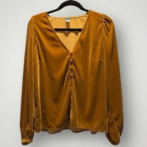 Old Navy Mustard Gold Romantic Velvet V-Neck Blouse Ling Puff Sleeves Size MTall